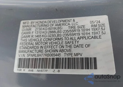 2024 Honda Odyssey Sport z USA, uszkodzony, nr VIN 5FNRL6H77RB065445